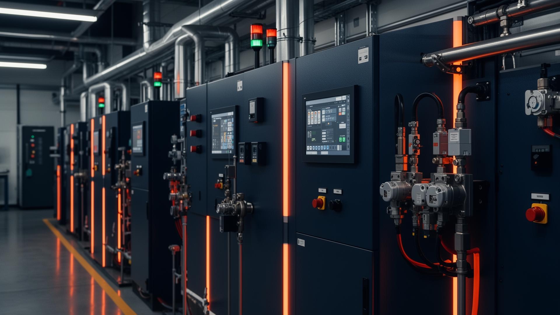 Planta de automatización industrial con paneles de control